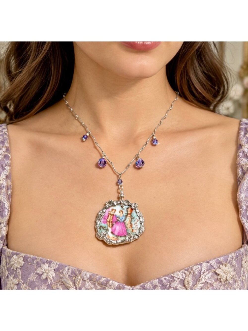 Broken China Fragonard Cameo Necklace - Sterling Silver Purple Crystal - Artisan